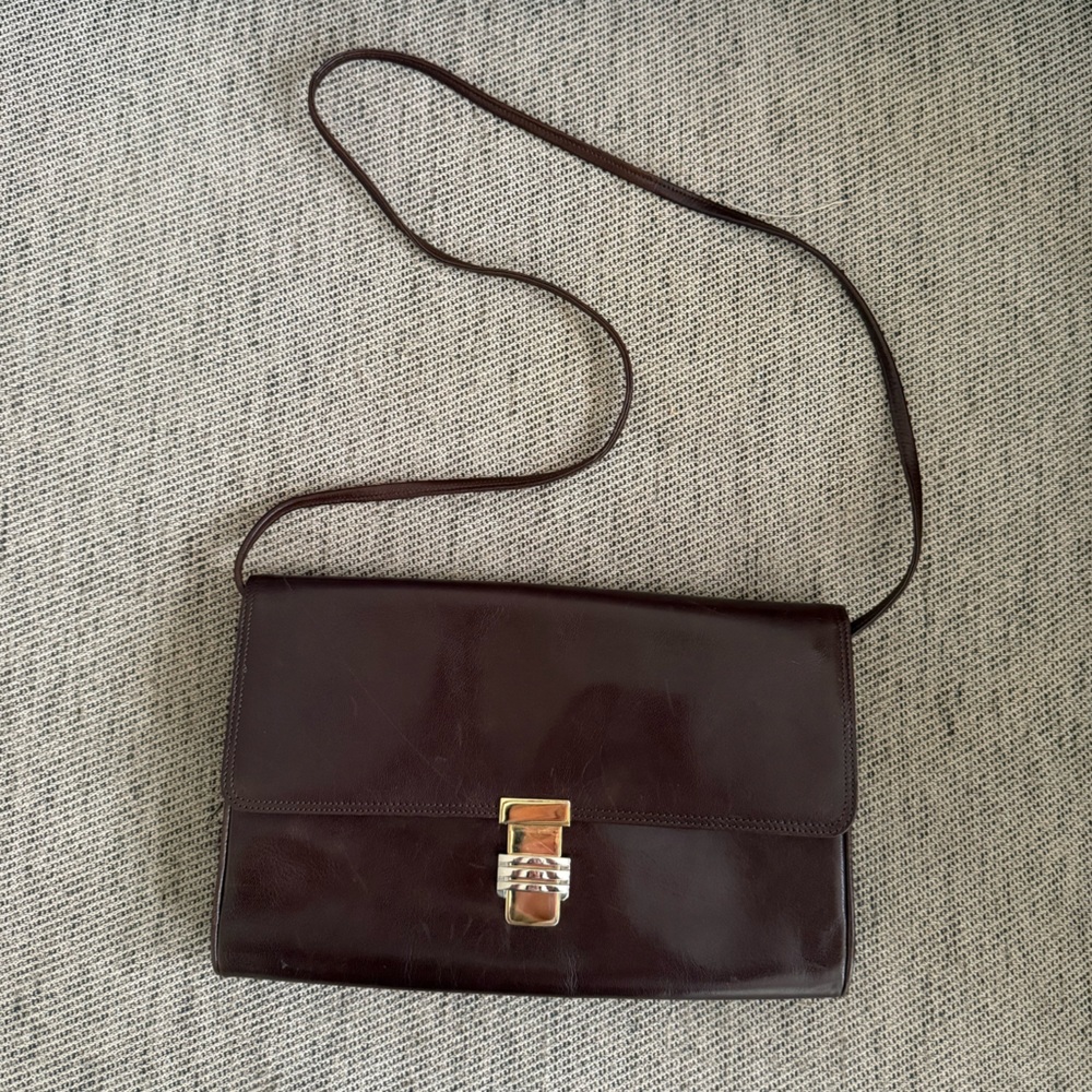 Vintage Dark Brown Leather Clutch Crossbody with Metal Accents 80s 90s Academia